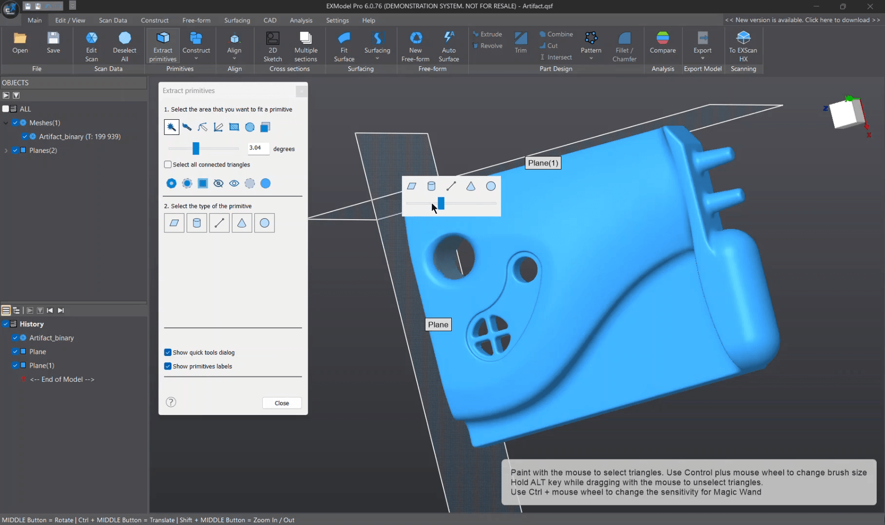 EXModel interface showing primitive extraction options with a plane being defined on a blue scanned artefact.