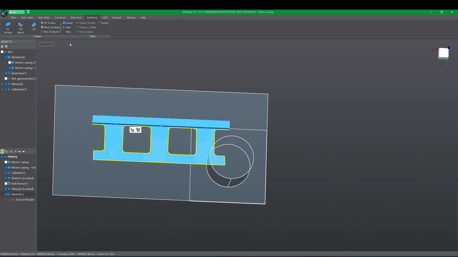 EXModel interface showing the Roll and Unroll tool applied to a blue mechanical part within the CAD workspace.