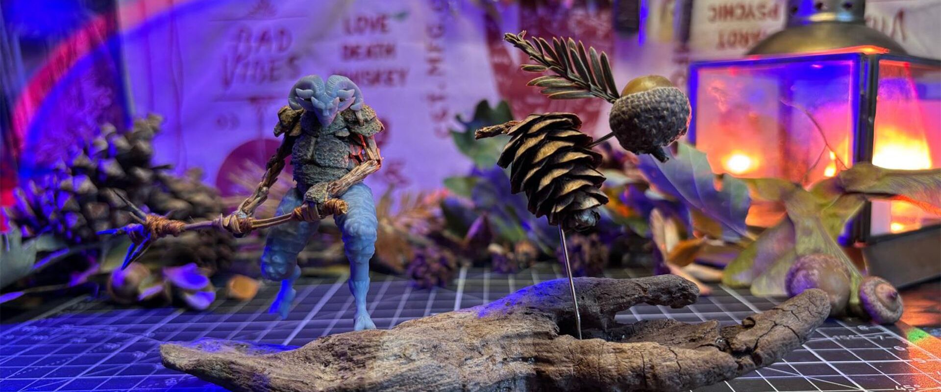 Fantasy miniature model created from scanned natural objects such as pinecones and branches.