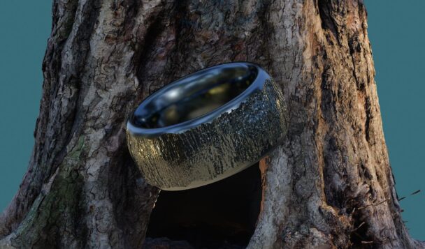 3D-rendered ring featuring detailed bark texture captured through organic 3D scanning.