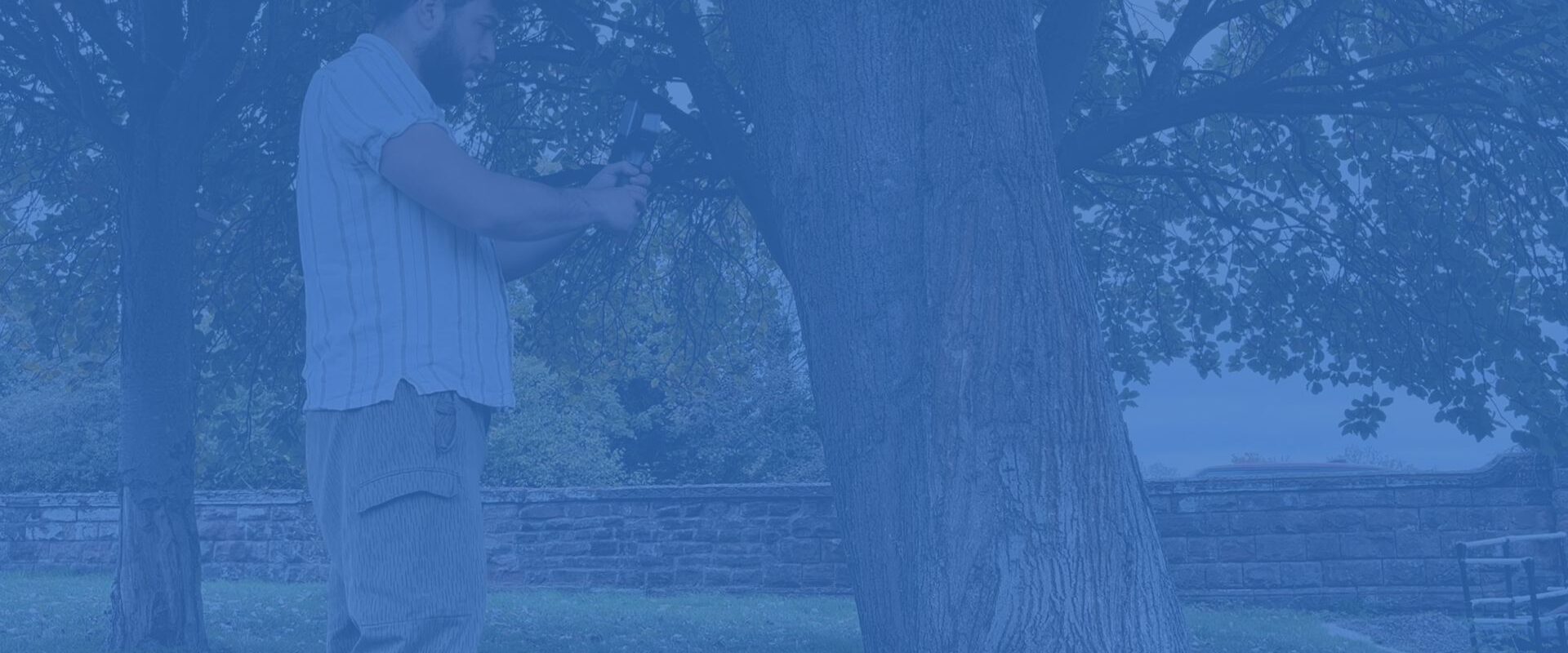 A person uses an EinScan Rigil 3D scanner to capture the texture of a large tree trunk in an outdoor park setting, with foliage and a stone wall in the background.