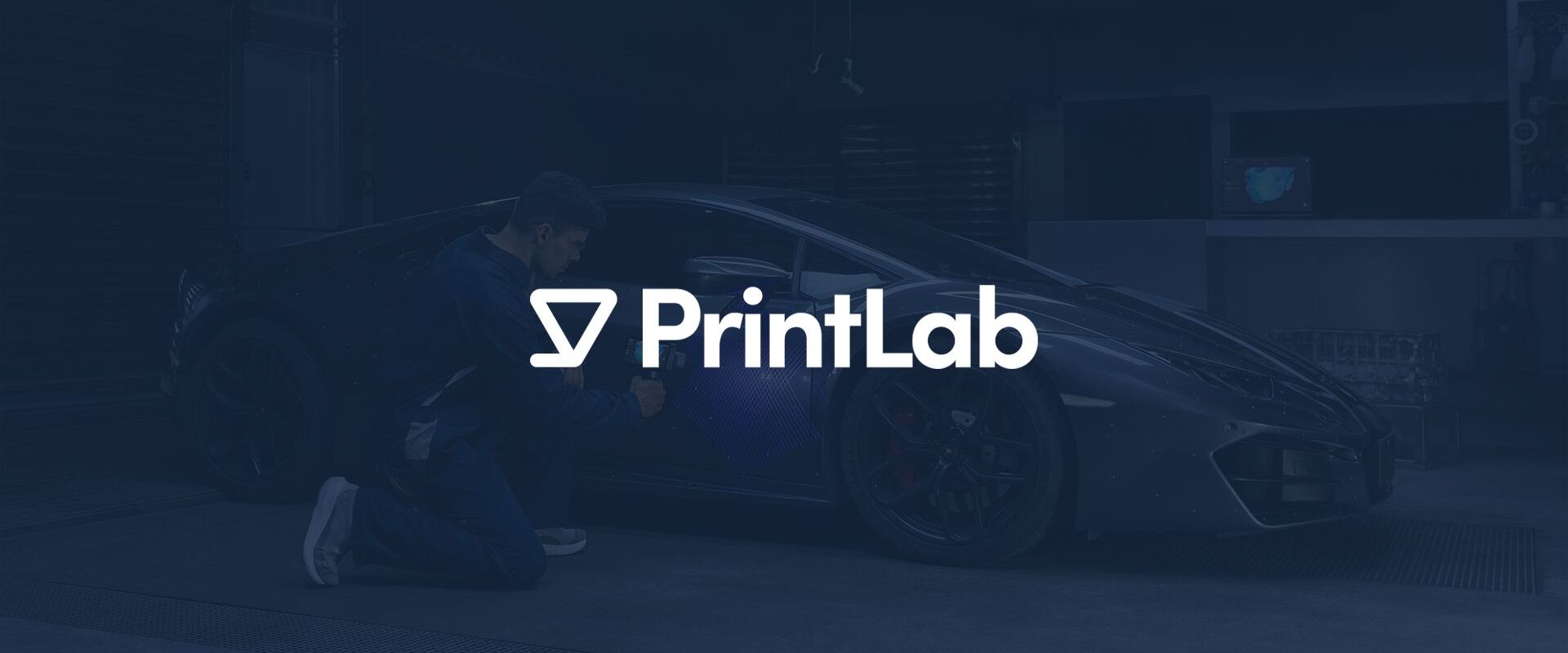 PrintLab logo displayed over an automotive 3D scanning workflow in a workshop.
